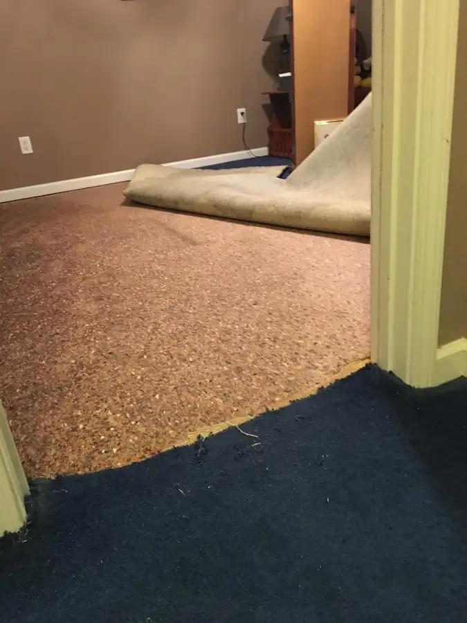 Carpet pad removal revealing water damage during Water Mitigation Services in West Earl